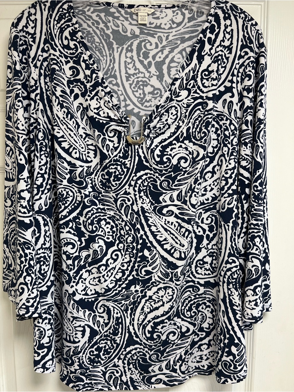 Cato 14/16W Navy White Paisley Tunic Top Silver -Tone Hardware Long Sleeve